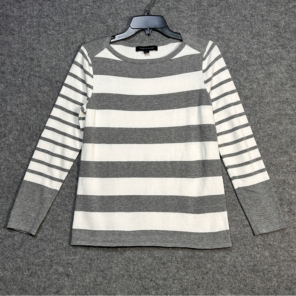 Tommy Hilfiger M Gray Striped Boatneck Sweater Top Lightweight Preppy Beach